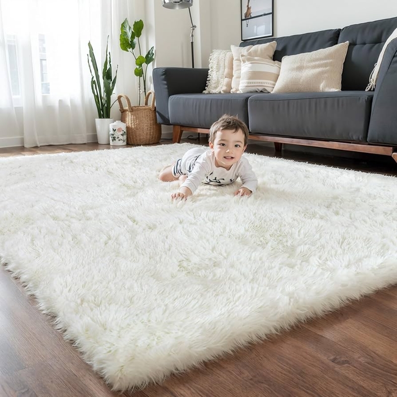 Area Rug: Ultra Thick Pile Cream Shag Cozy Bedroom Decor