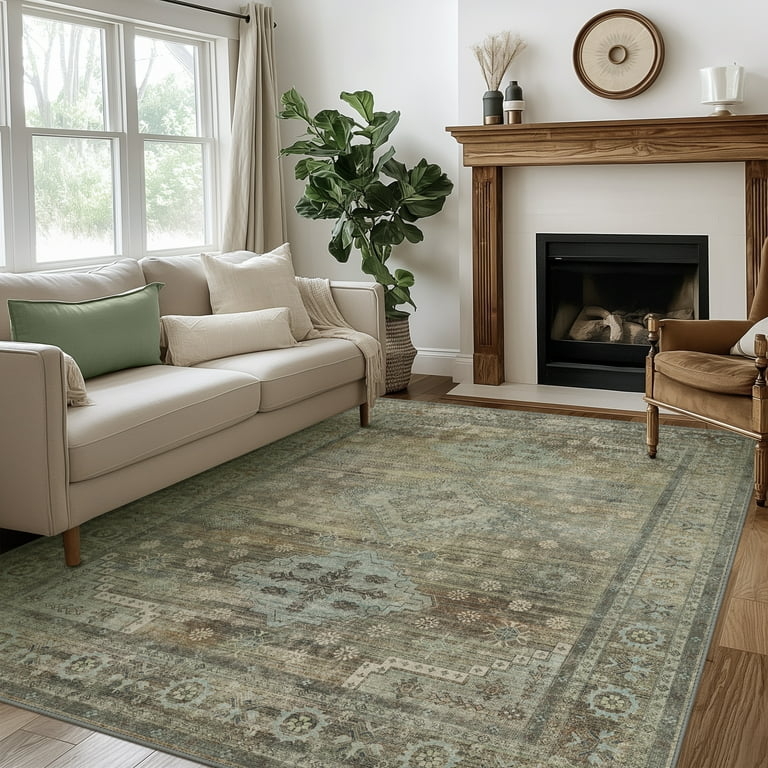 Area Rug, Ultra Thin Blue Distressed Medallion, Washable Transitional