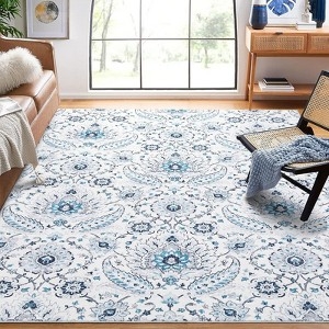 Area Rug Ultra Thin Profile Paisley Blue Ivory Farmhouse Decor