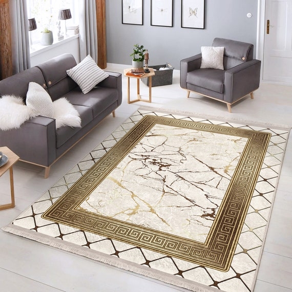 Area Rug Veined Detail Marble Pattern Beige Stone Look Sophisticated