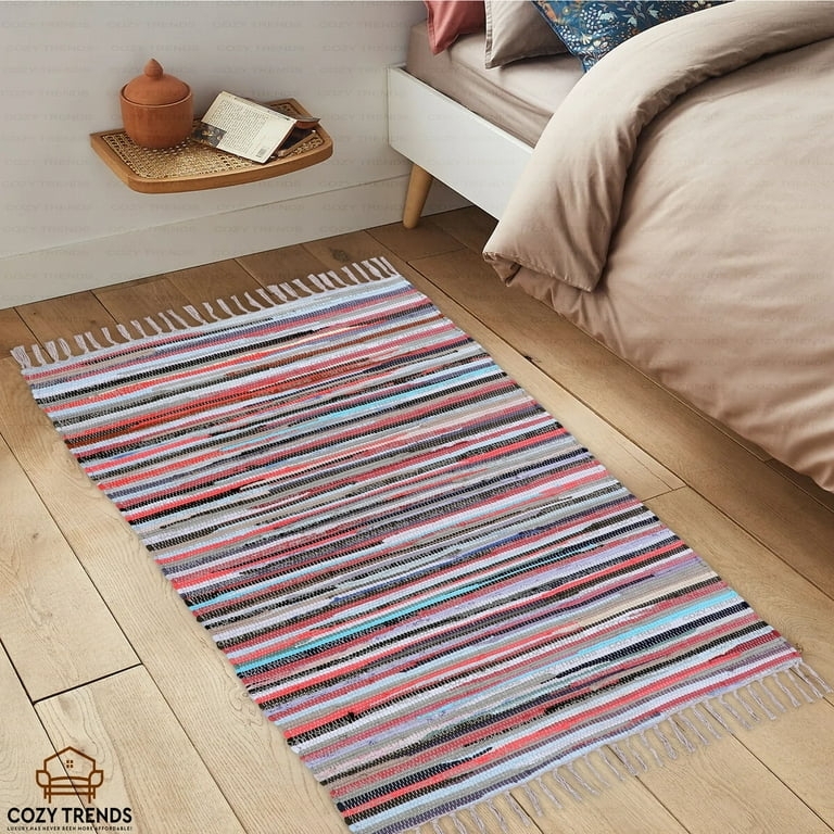 Area Rug Vibrant Bohemian Rag Rug Texture Knotted Tassels Multicolored