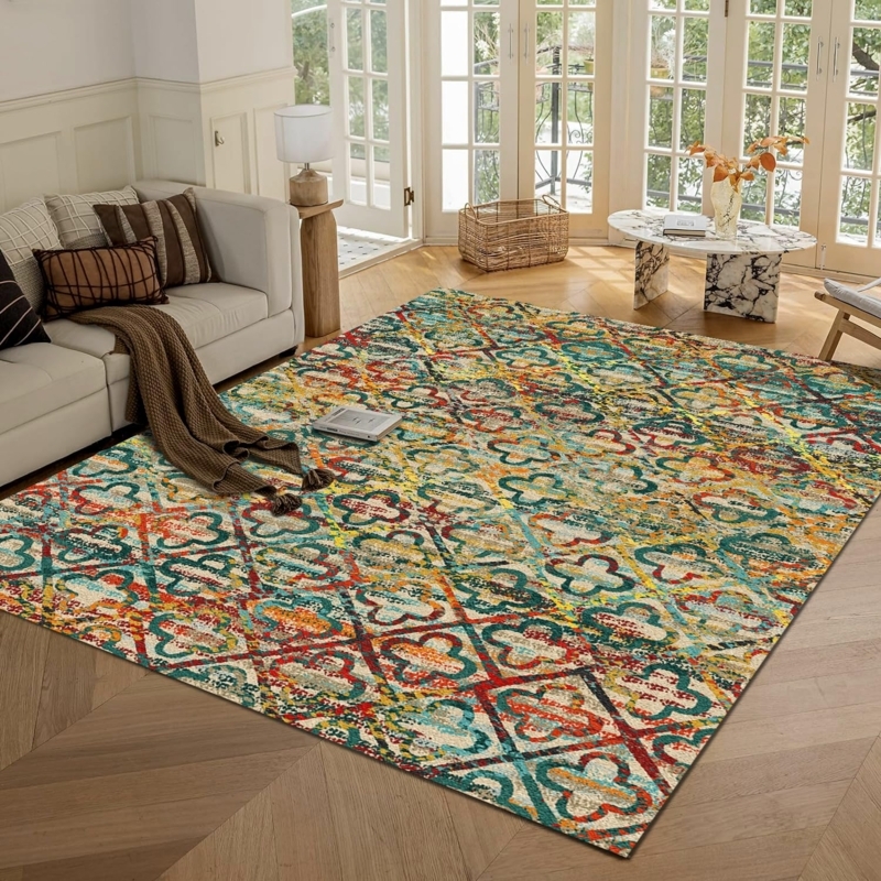Area Rug Vibrant Distressed Navy Rust Traditional Living Room