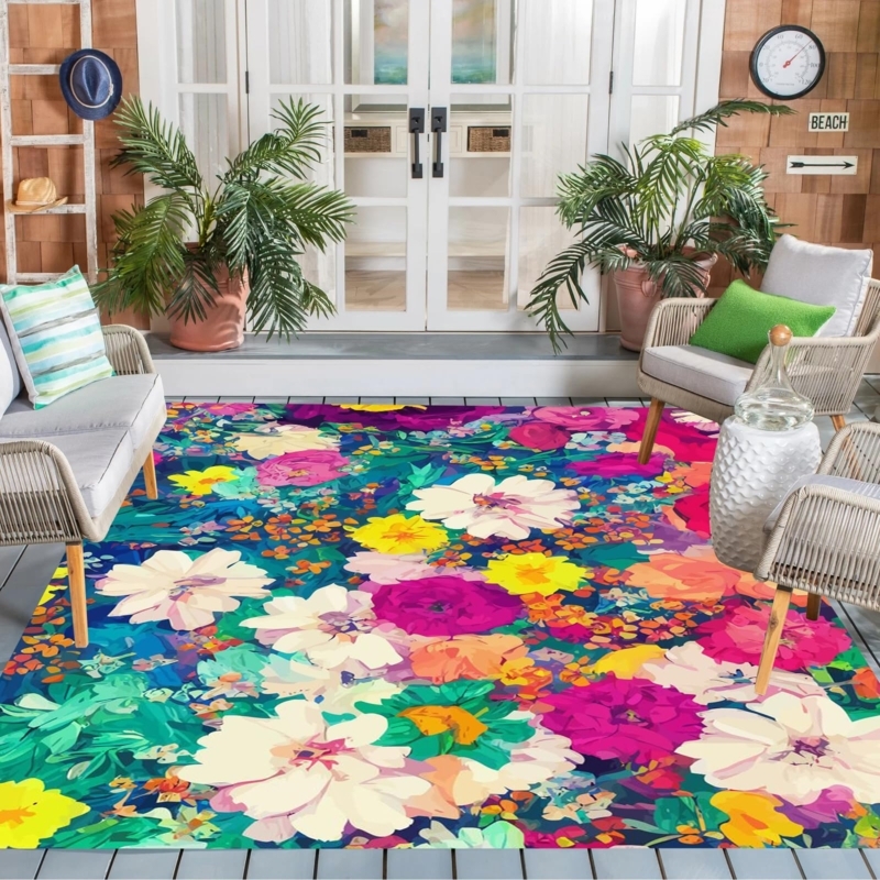 Area Rug Vibrant Floral Pattern, Fuchsia Accents, Reversible Waterproof Flatweave