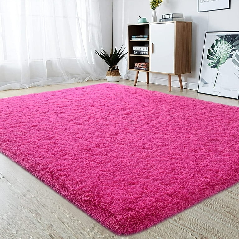 Area Rug: Vibrant Hot Pink Shaggy Texture, Plush Bedroom Floor