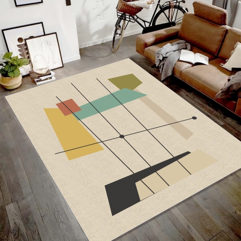 Area Rug Vibrant Ochre Accents Large Scale Pattern Charcoal Mid Century