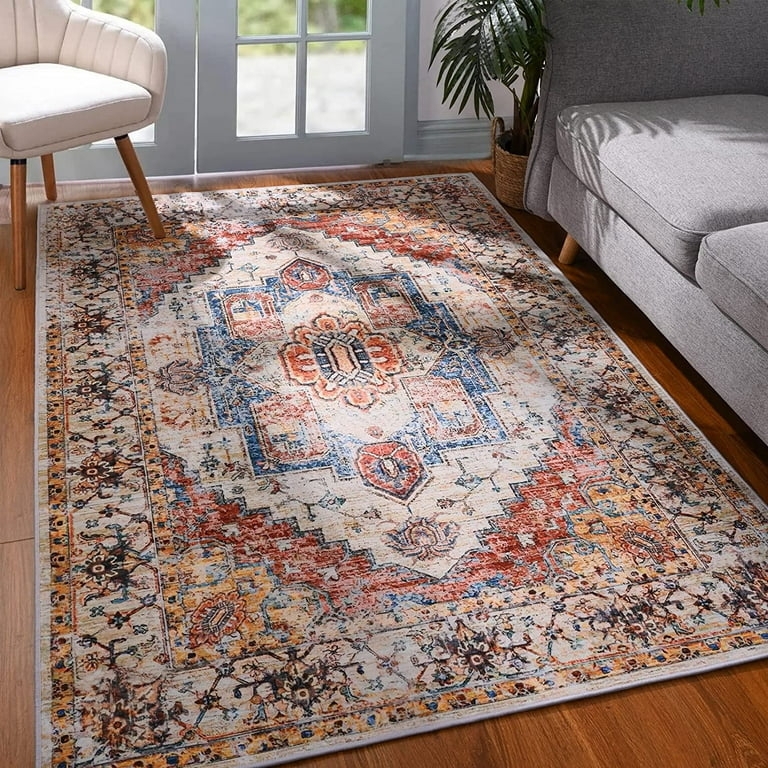 Area Rug Vibrant Orange Persian Distressed Boho Chic Washable Look