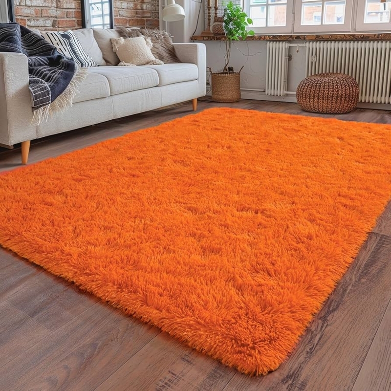 Area Rug: Vibrant Orange Shag Texture, Plush Funky Dorm Decor