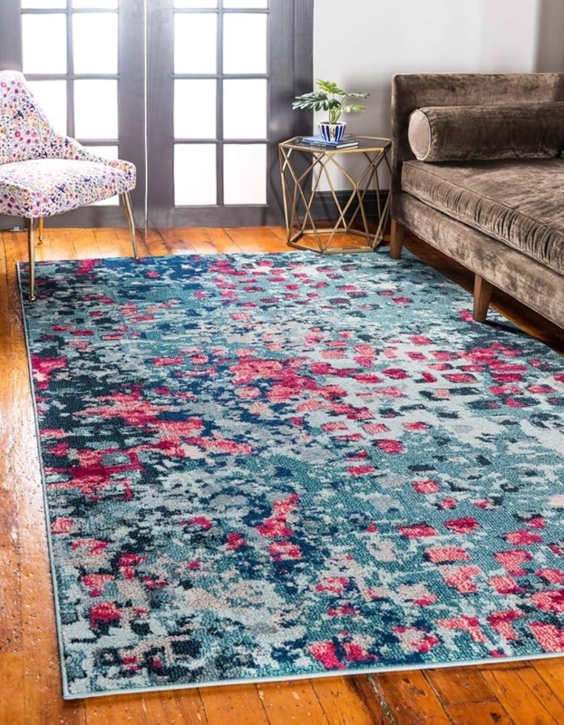 Area Rug Vibrant Painterly Abstract Design in Pink Turquoise Navy