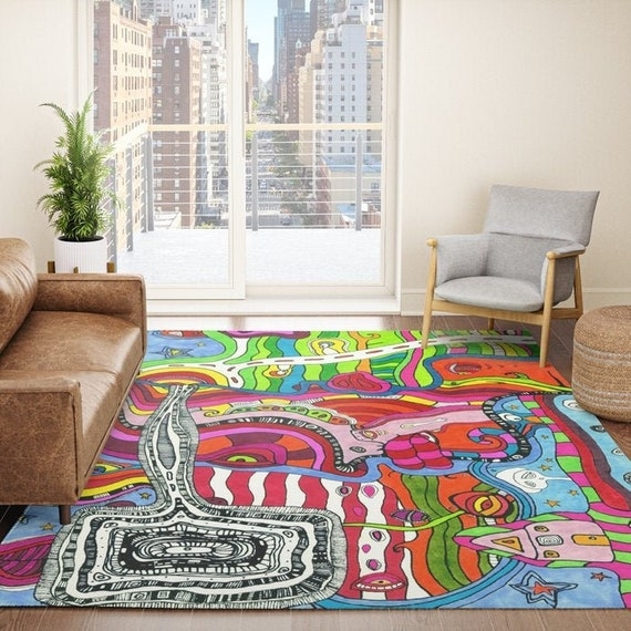 Area Rug, Vibrant Psychedelic Abstract Pattern, Bold & Colorful