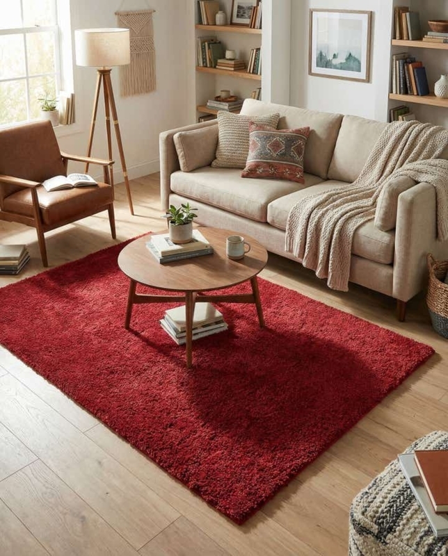 Area Rug Vibrant Red Solid Shag High Pile Contemporary Modern