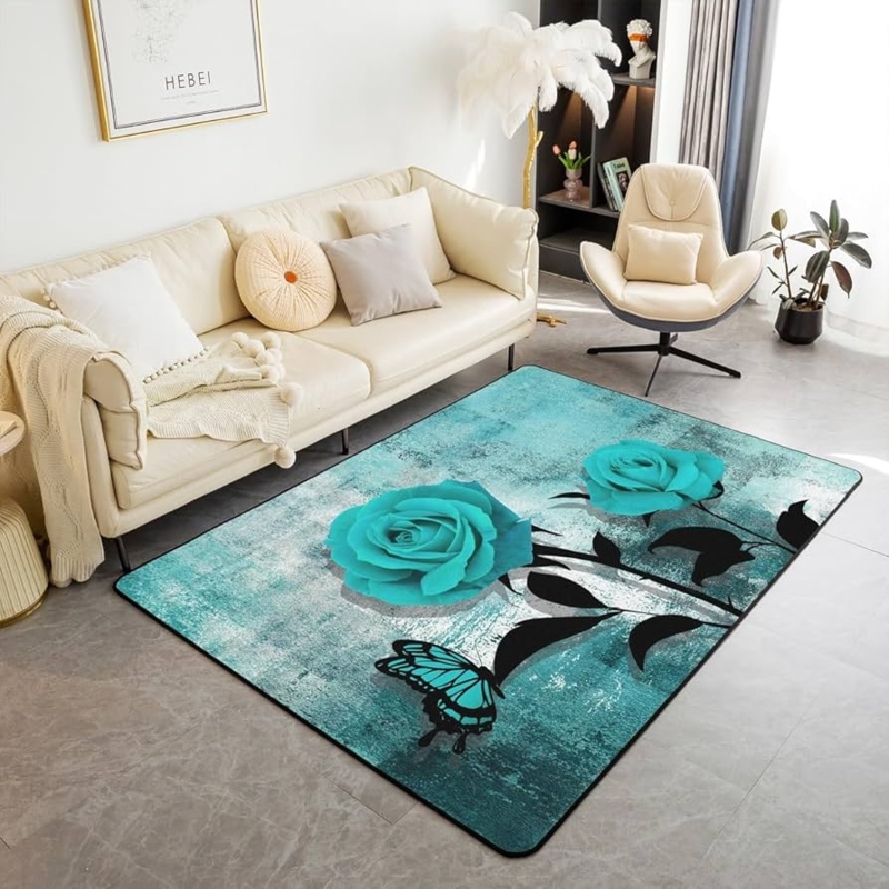 Area Rug Vibrant Teal Floral Watercolor Rose Design