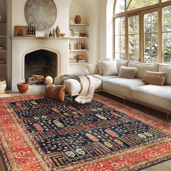 Area Rug Vintage Black Ground Geometric Medallion Persian Style