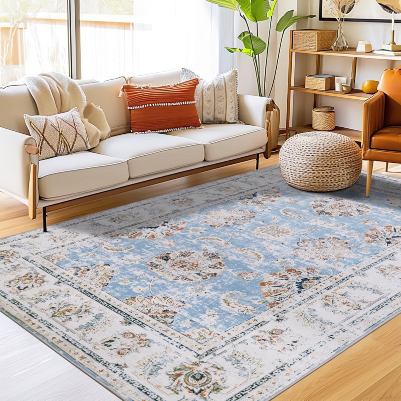 Area Rug, Vintage Blue Floral Print Accent, Retro Botanical Aesthetic