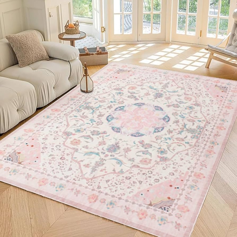 Area Rug Vintage Blush Pink Distressed Medallion Washable Look