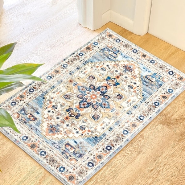 Area Rug Vintage Boho Distressed Navy Pattern Washable Low Pile