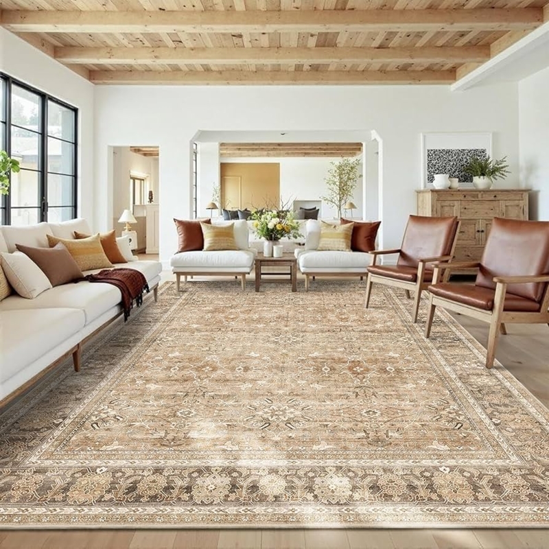Area Rug Vintage Boho Khaki Cream Distressed Oriental Pattern