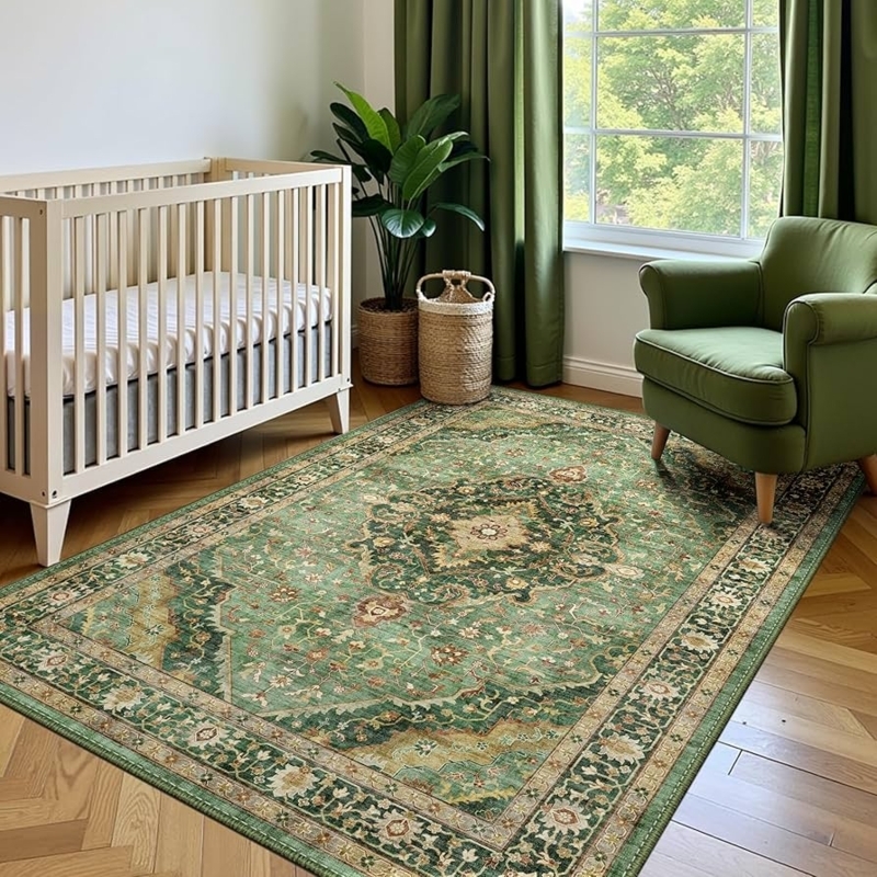 Area Rug Vintage Botanical Border Distressed Green Low Pile Printed