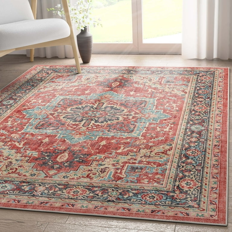 Area Rug Vintage Distressed Red Oriental Motif Low Profile Flatweave