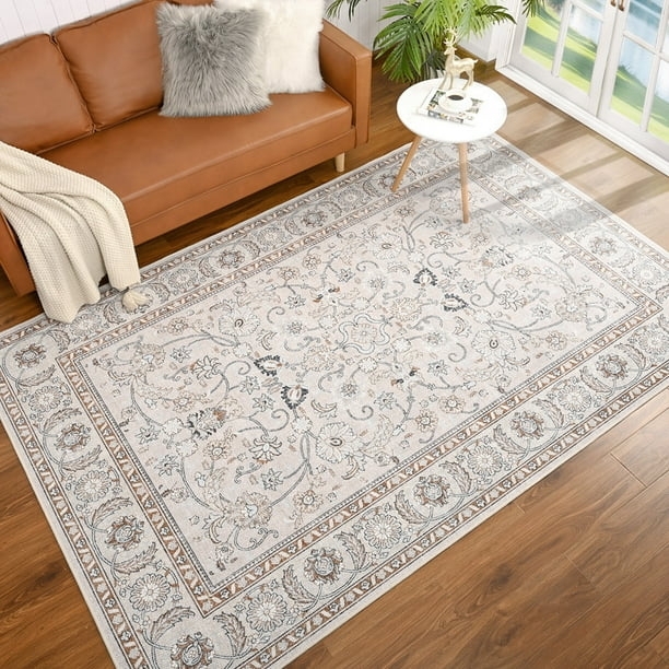 Area Rug Vintage Faded Medallion Motif Neutral Palette Low Pile
