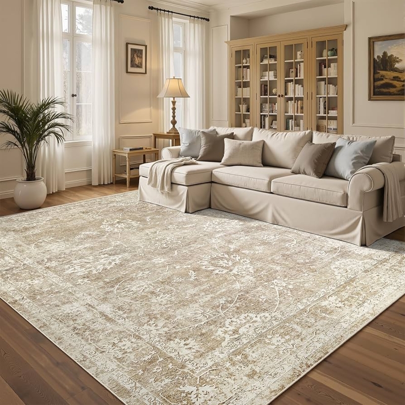 Area Rug: Vintage Farmhouse Faded Floral Print, Low Pile Height, Muted.