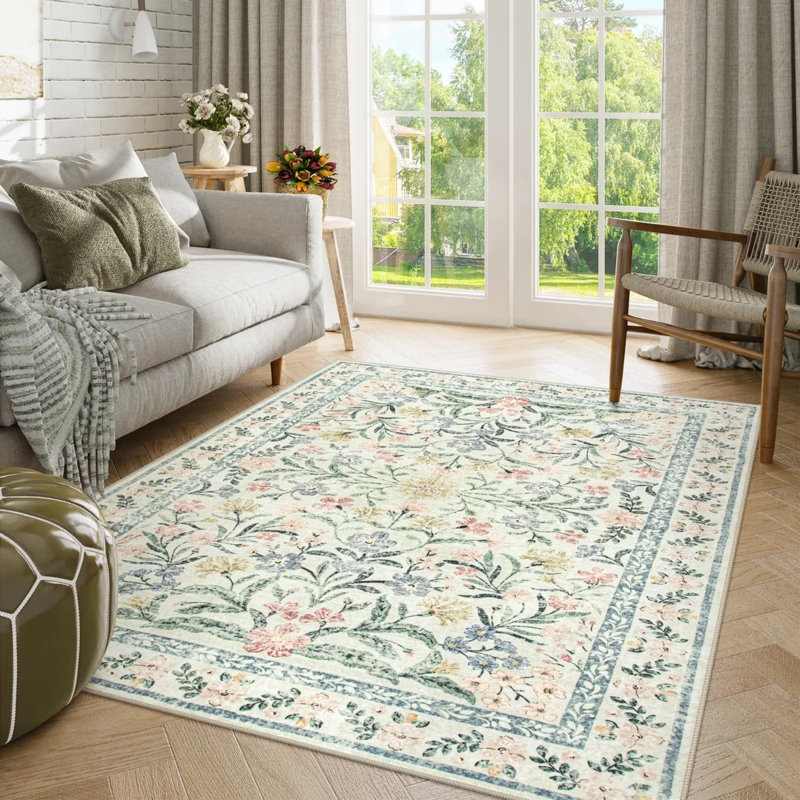 Area Rug, Vintage Floral Pattern, Washable, French Country Area Rug