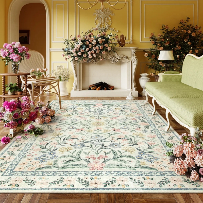 Area Rug Vintage Floral Print, Beige Base, Bordered Design, French Vintage Style