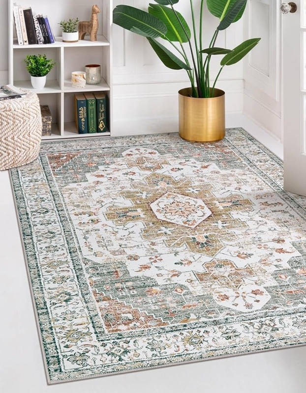 Area Rug, Vintage Gold Medallion Print, Distressed Oriental Rug Style