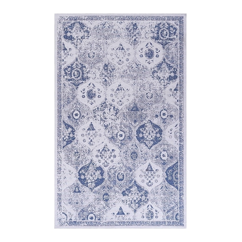 Area Rug Vintage Inspired Distressed Blue Pattern Medallion Design