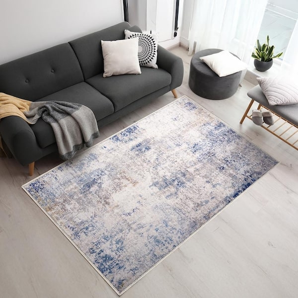 Area Rug Vintage Light Blue Faded Medallion Washable Low Pile Design