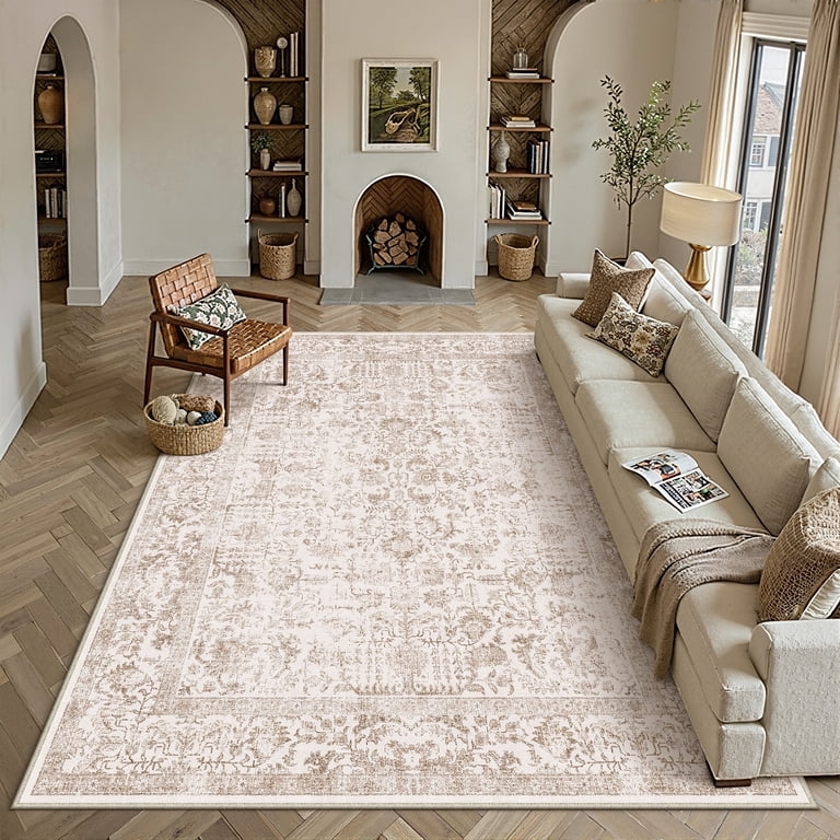 Area Rug Vintage Medallion Distressed Brown Palette Transitional
