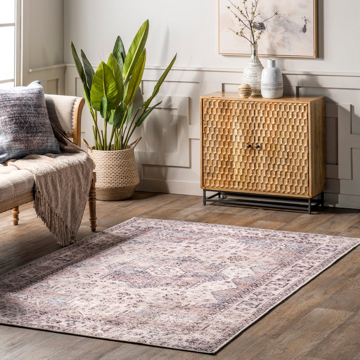 Area Rug Vintage Medallion Distressed Finish Blue Grey Traditional
