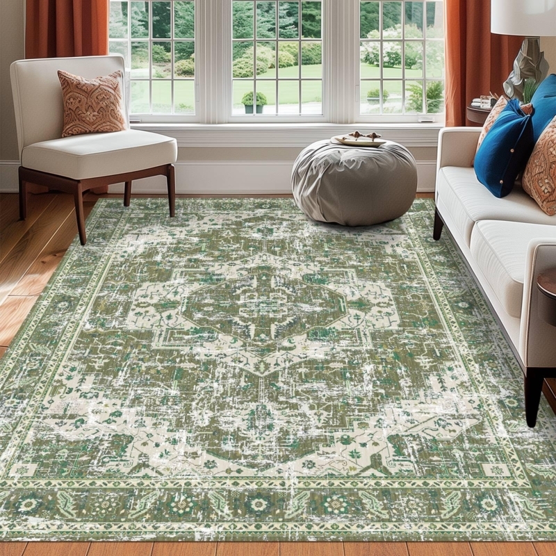 Area Rug, Vintage Medallion Pattern, Distressed Look, Washable Farmhouse