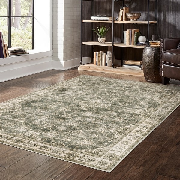 Area Rug Vintage Olive Green Faded Oriental Pattern Distressed