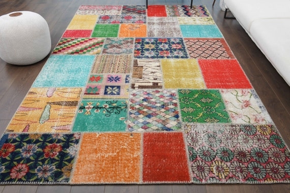 Area Rug Vintage Patchwork Turkish Oushak Multi Colored Earthy