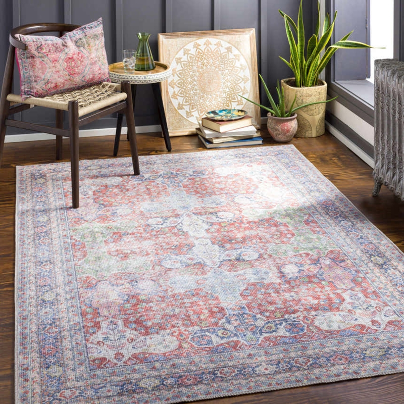 Area Rug Vintage Rust Blue Palette Medallion Distressed Look