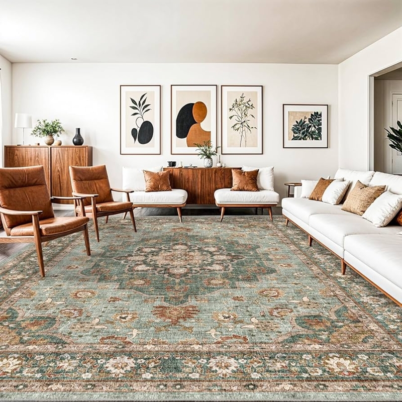 Area Rug Vintage Sage Green Distressed Floral Oriental Pattern Teal