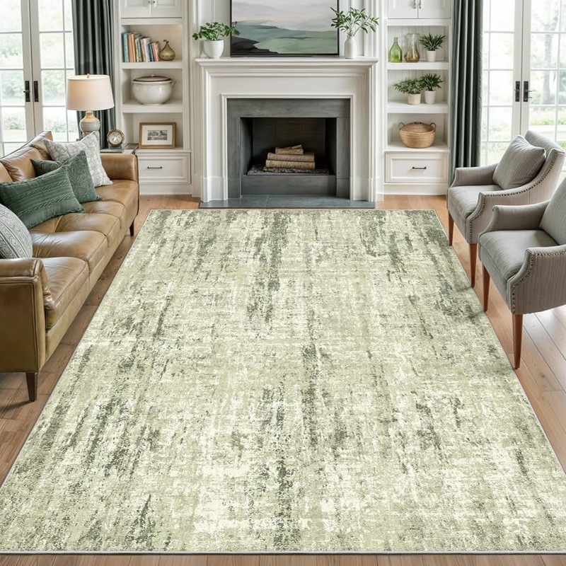 Area Rug Vintage Sage Green Washable Printed Distressed Low Pile