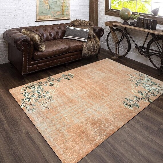 Area Rug Vintage Terracotta Floral Pattern Fringed Edges Wool Like