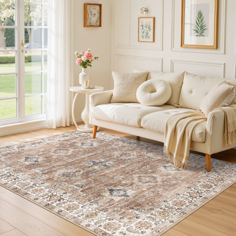 Area Rug Vintage Terracotta Medallion Distressed Low Pile Washable