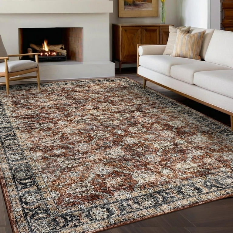 Area Rug Vintage Terracotta Red Oriental Pattern Distressed Low Pile