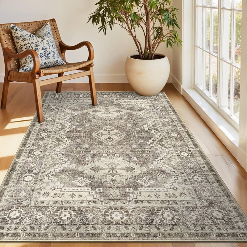 Area Rug Vintage Tribal Ivory Distressed Finish Low Pile Design