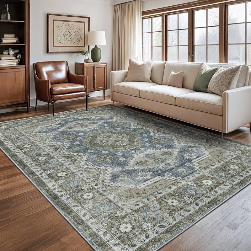 Area Rug Vintage Tribal Pattern Blue Green Distressed Boho Living Room