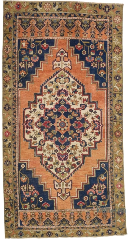 Area Rug Vintage Turkish Geometric Rust Distressed Wool