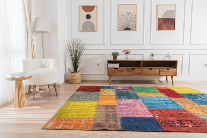 Area Rug Vintage Turkish Patchwork Fragments Faded Terracotta