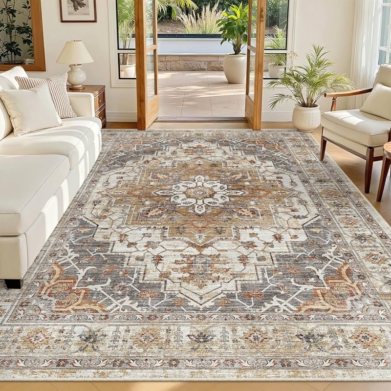 Area Rug Vintage Turmeric Palette Distressed Medallion Low Pile