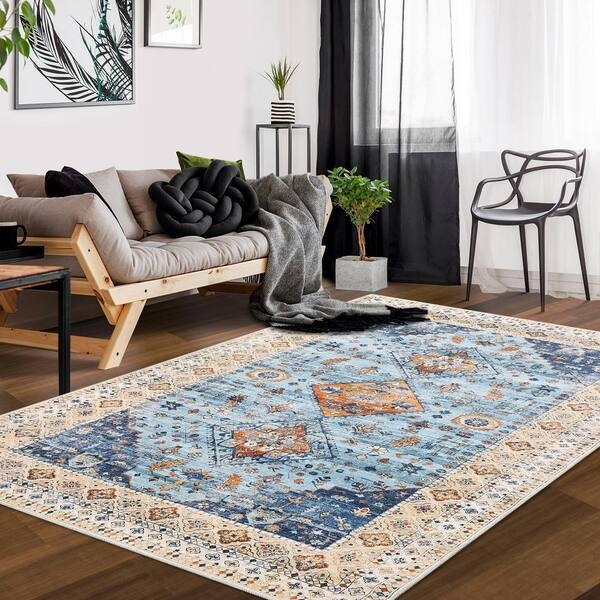 Area Rug Vintage Yellow Blue Palette Distressed Floral Large 9x12