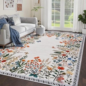 Area Rug Warm Citrus Palette, Oversized Floral Print, Low Pile Modern Farmhouse