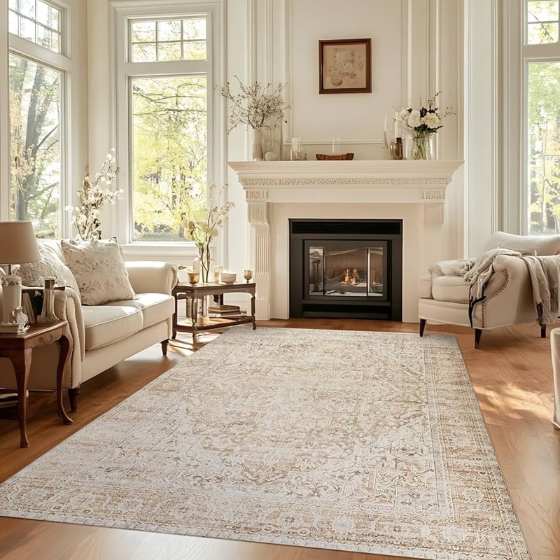 Area Rug Washable Beige Distressed Finish Medallion Modern Farmhouse