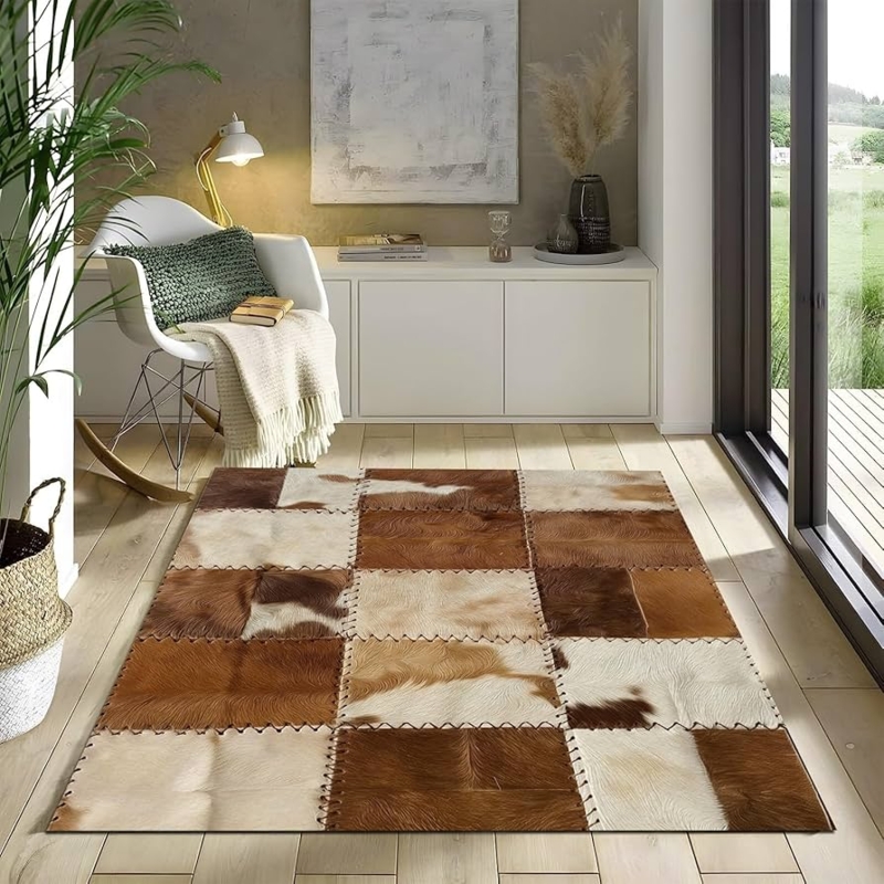 Area Rug Washable Cowhide Patchwork Print Striped Brown Cream