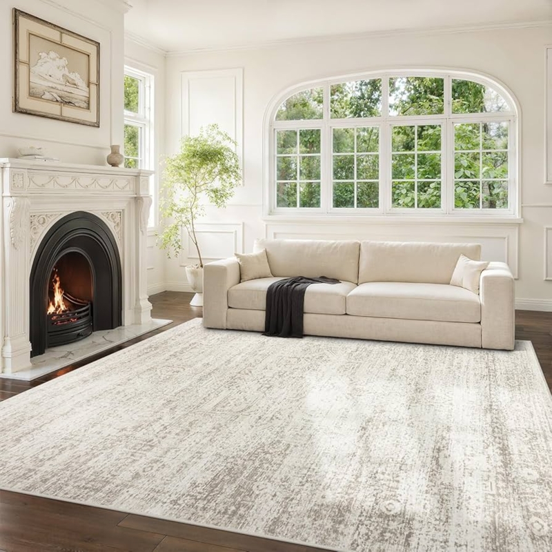 Area Rug Washable Distressed Medallion Motif Low Pile Muted Blue Rust